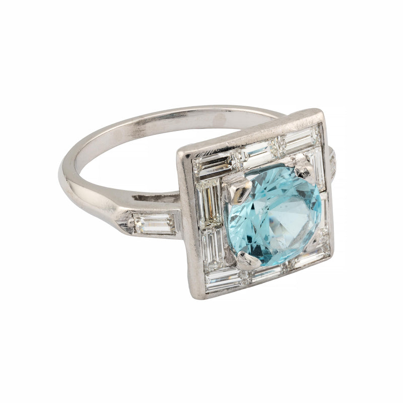 Art Deco 2.80ctw Blue Zircon & Baguette Diamond Ring in Platinum