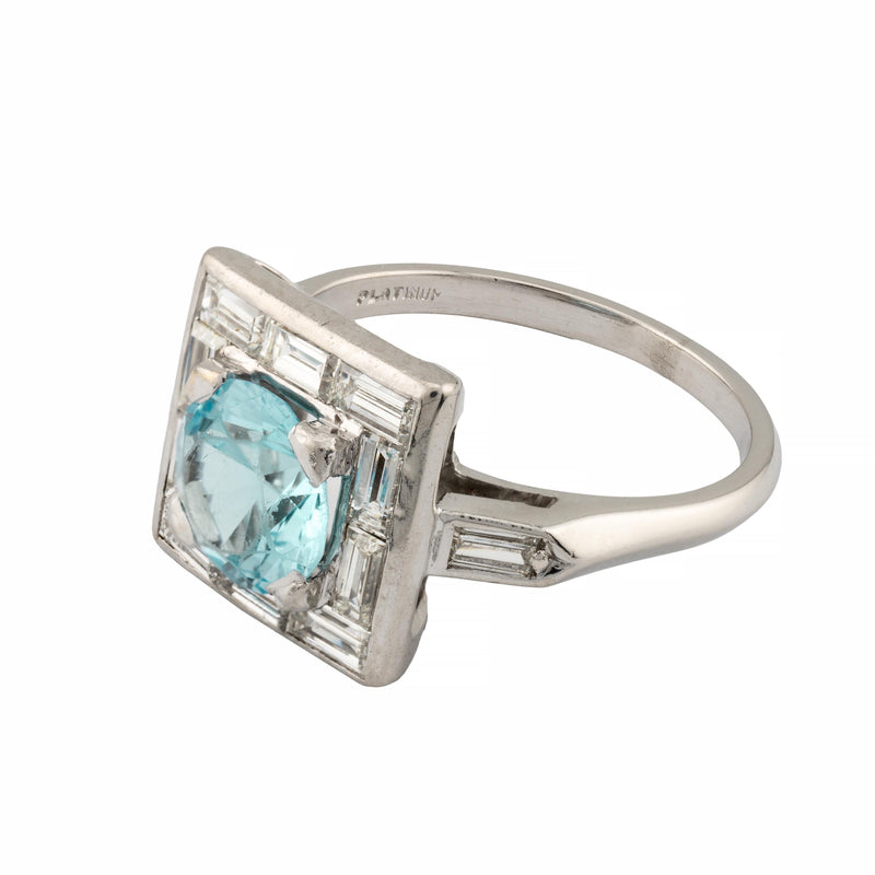 Art Deco 2.80ctw Blue Zircon & Baguette Diamond Ring in Platinum