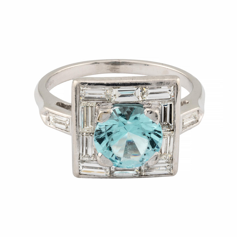 Art Deco 2.80ctw Blue Zircon & Baguette Diamond Ring in Platinum