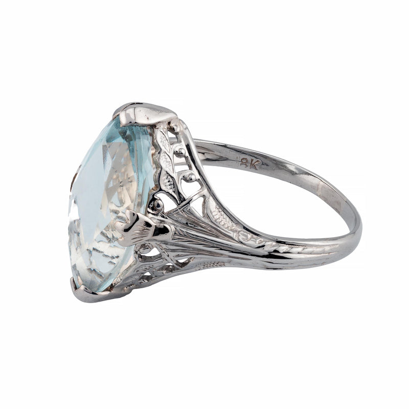 Art Deco 3.50 Carat Marquise Cut Aquamarine Solitaire Filigree Ring in 18K White
