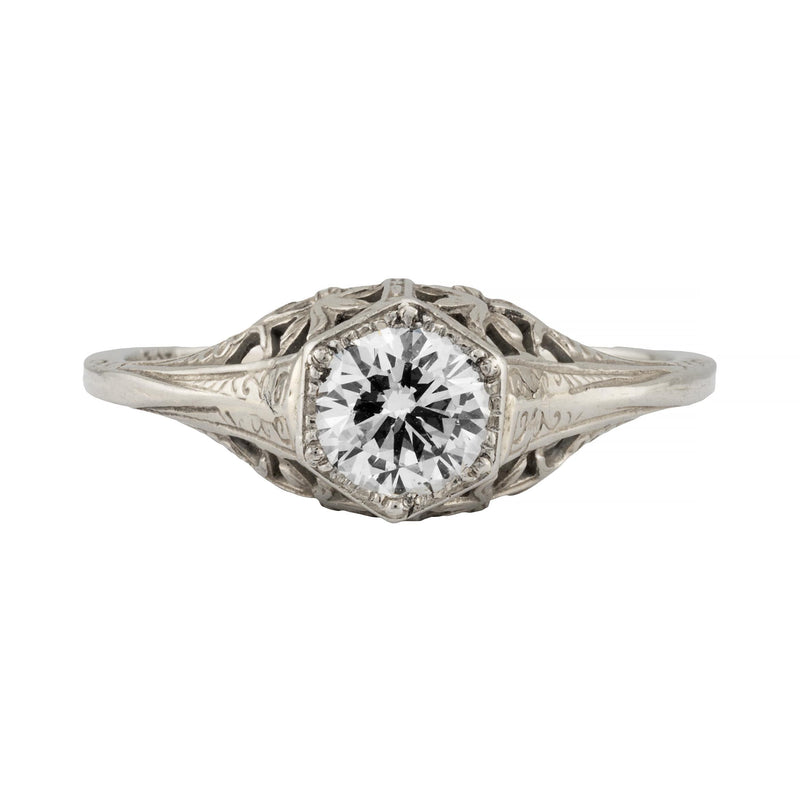 Art Deco Floral 0.40ct Diamond Filigree Engagement Ring in 18K White Gold