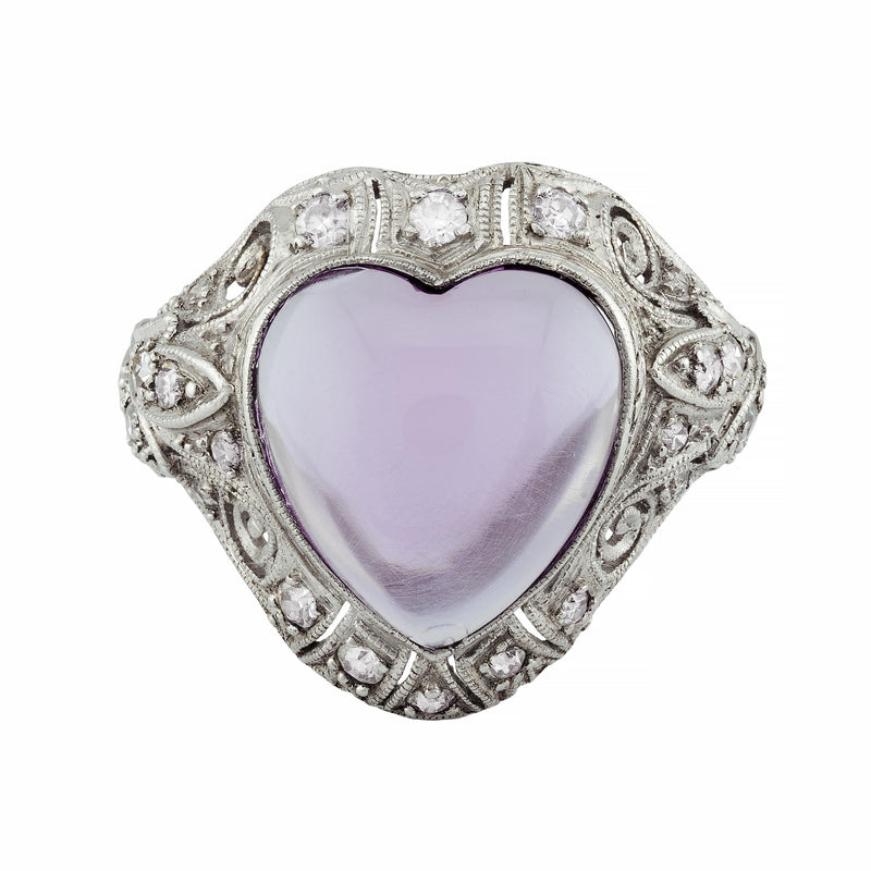 Art Deco Heart Shape Amethyst & Diamond Ring in Platinum