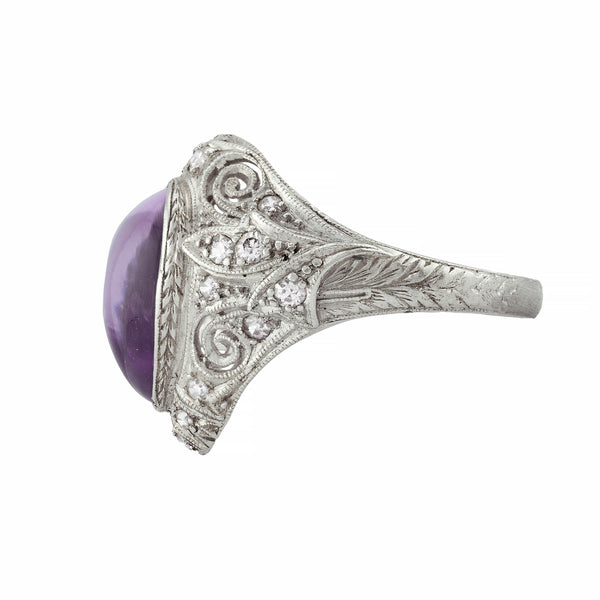Art Deco Heart Shape Amethyst & Diamond Ring in Platinum