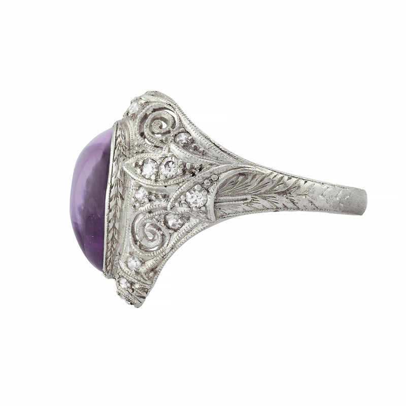 Art Deco Heart Shape Amethyst & Diamond Ring in Platinum