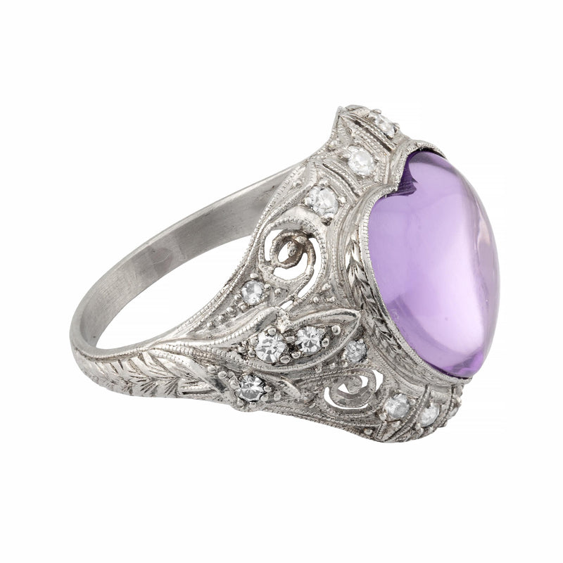 Art Deco Heart Shape Amethyst & Diamond Ring in Platinum