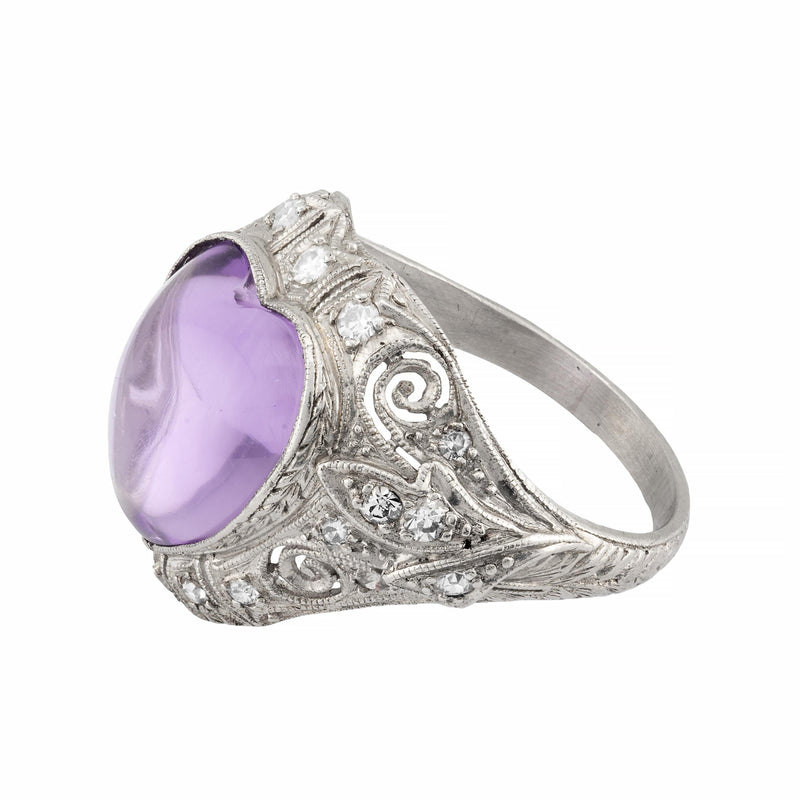Art Deco Heart Shape Amethyst & Diamond Ring in Platinum