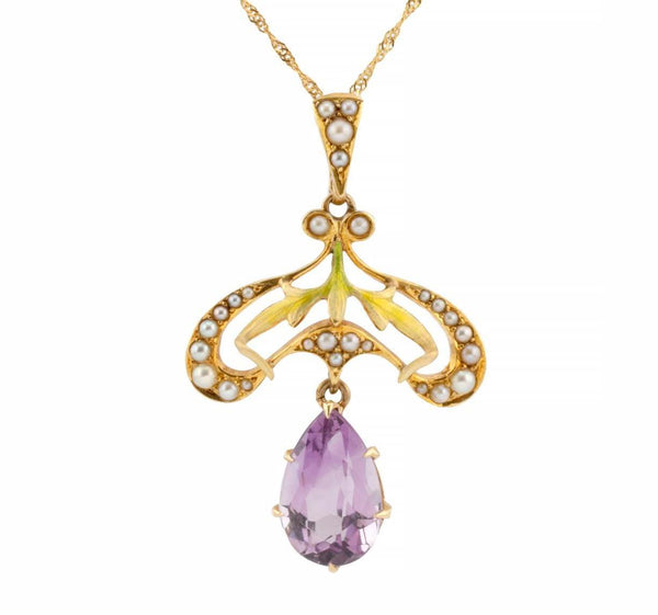Art Nouveau Enamel, Amethyst, & Pearl Pendant by Krementz in 14K Gold