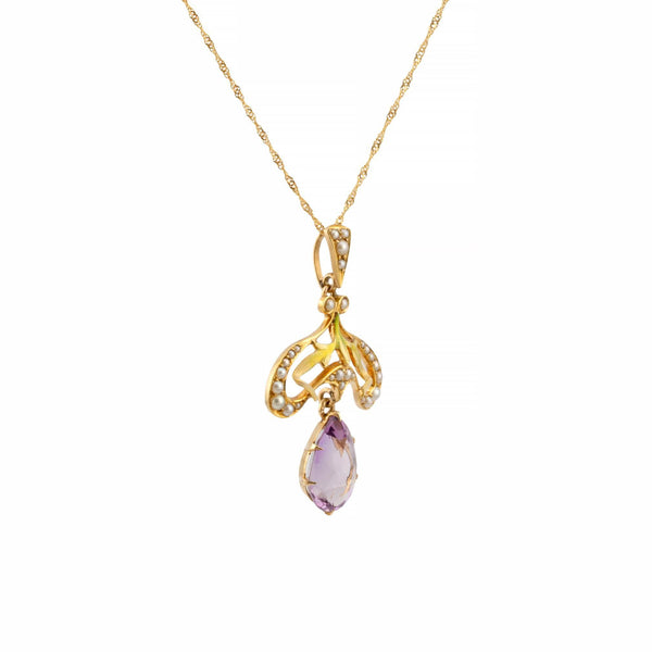 Art Nouveau Enamel, Amethyst, & Pearl Pendant by Krementz in 14K Gold