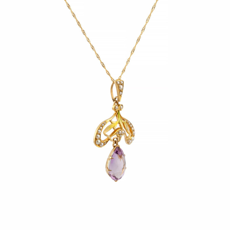 Art Nouveau Enamel, Amethyst, & Pearl Pendant by Krementz in 14K Gold