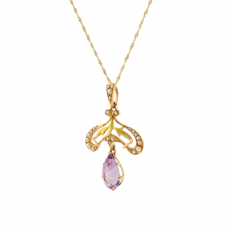 Art Nouveau Enamel, Amethyst, & Pearl Pendant by Krementz in 14K Gold
