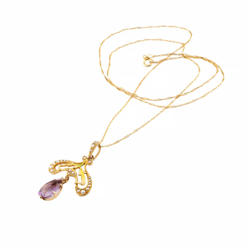 Art Nouveau Enamel, Amethyst, & Pearl Pendant by Krementz in 14K Gold