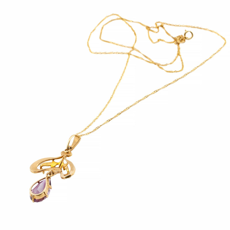 Art Nouveau Enamel, Amethyst, & Pearl Pendant by Krementz in 14K Gold