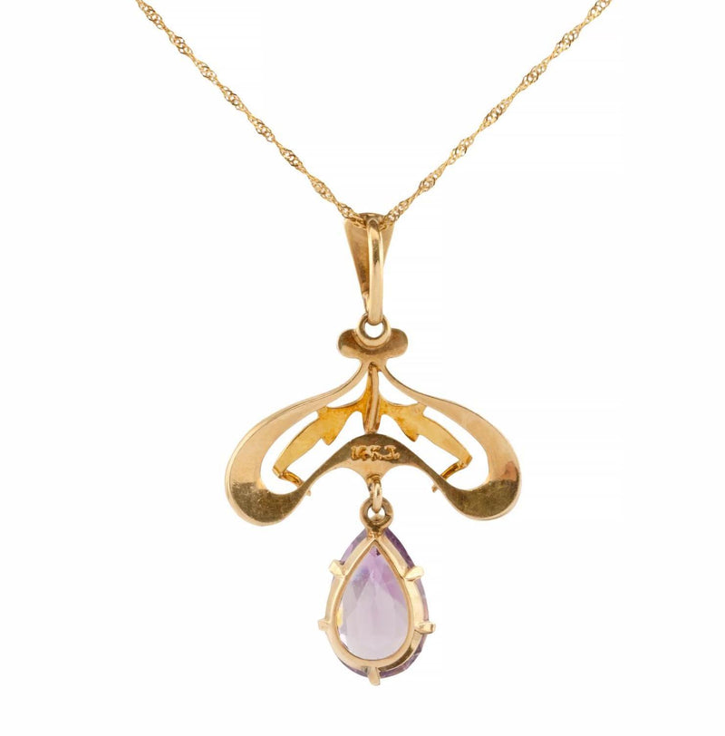 Art Nouveau Enamel, Amethyst, & Pearl Pendant by Krementz in 14K Gold