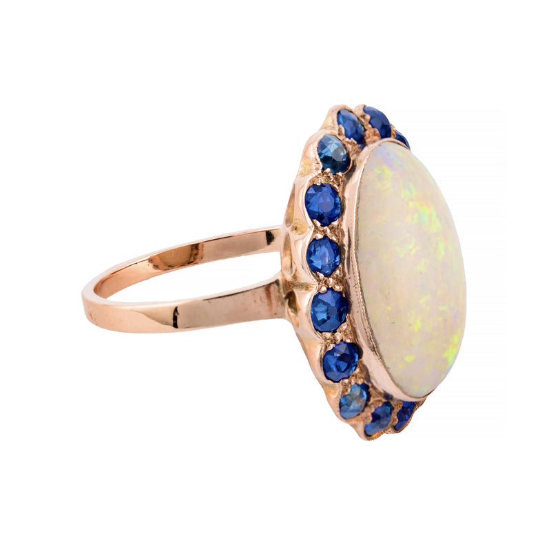 Art Nouveau Opal & No Heat Blue Sapphire Ring in 14 Karat Yellow Gold
