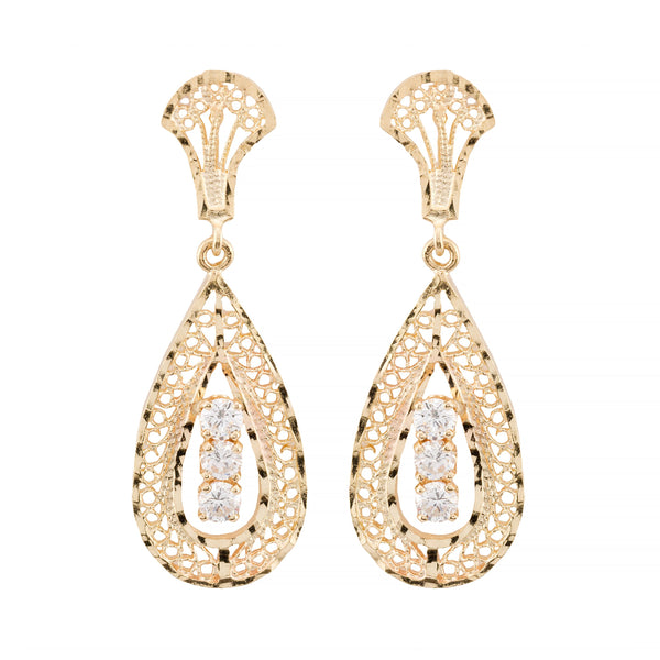 Dazzling Victorian Style Filigree Diamond Dangle Earrings in 14K Yellow Gold
