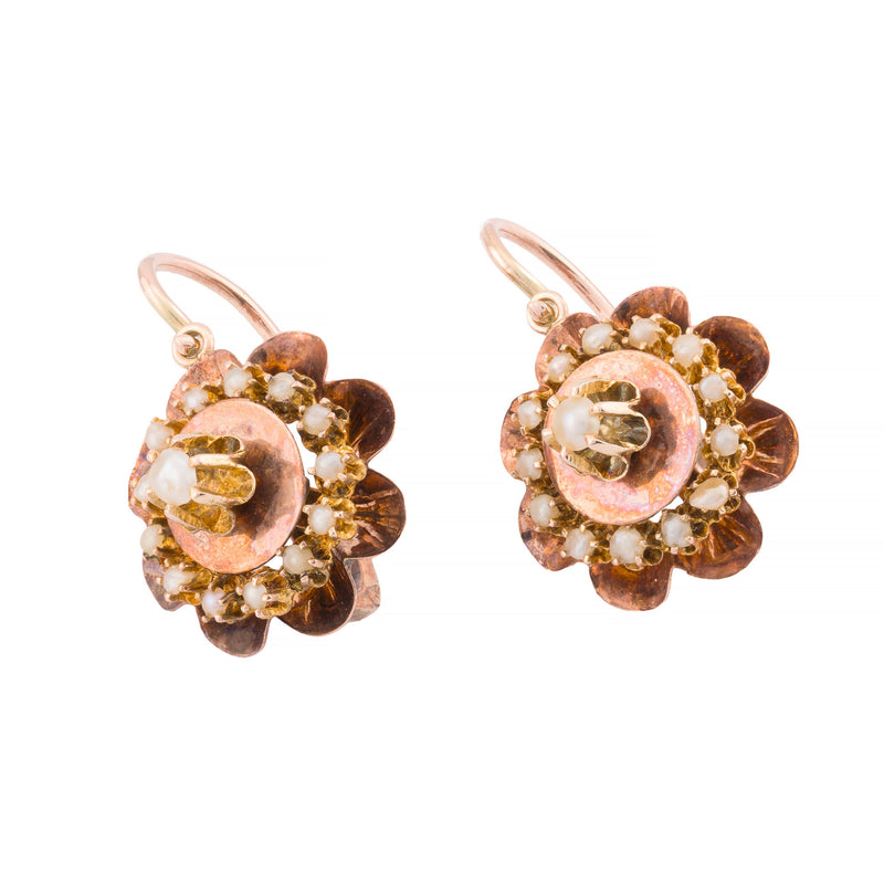 Victorian Natural Pearl Flower Motif Lever Back Earrings in 14K Yellow Gold