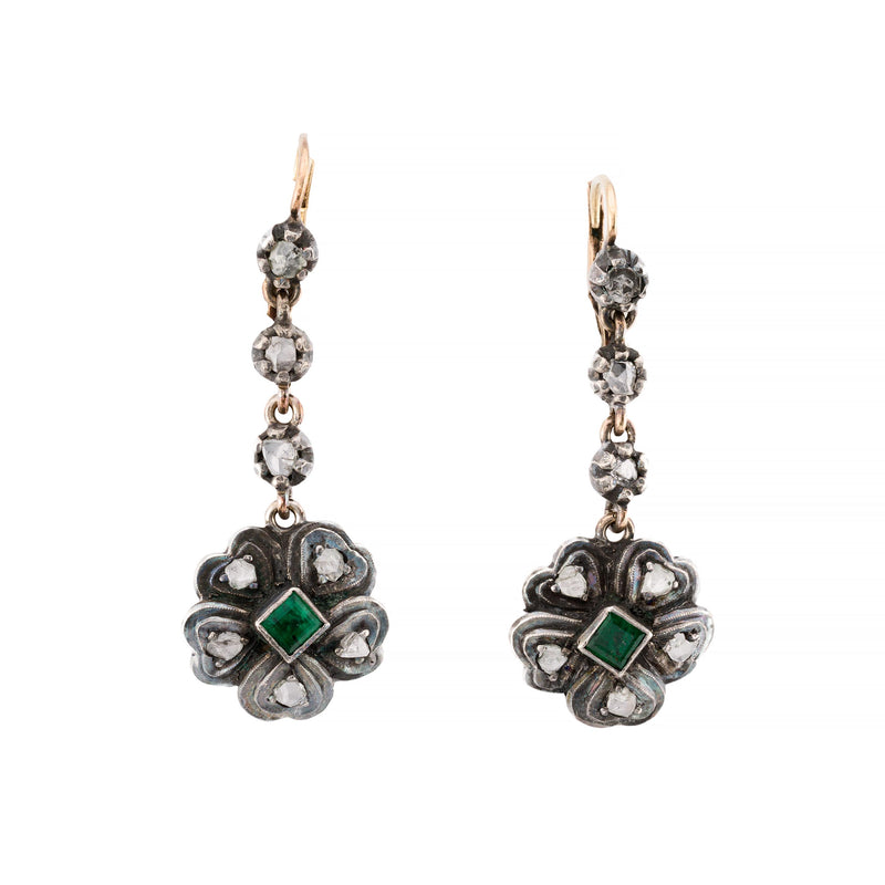 Victorian 1.04ctw Rose Cut Diamond & Emerald Flower Dangle Drop Earrings