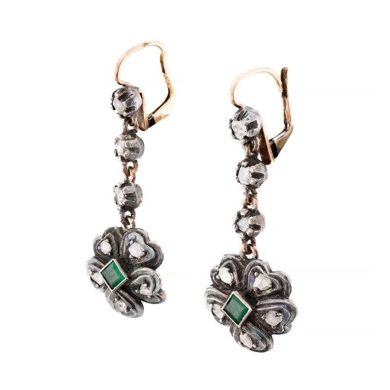 Victorian 1.04ctw Rose Cut Diamond & Emerald Flower Dangle Drop Earrings