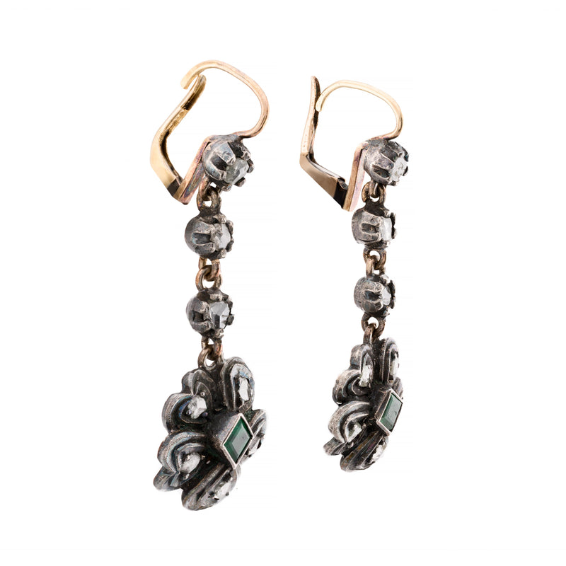 Victorian 1.04ctw Rose Cut Diamond & Emerald Flower Dangle Drop Earrings
