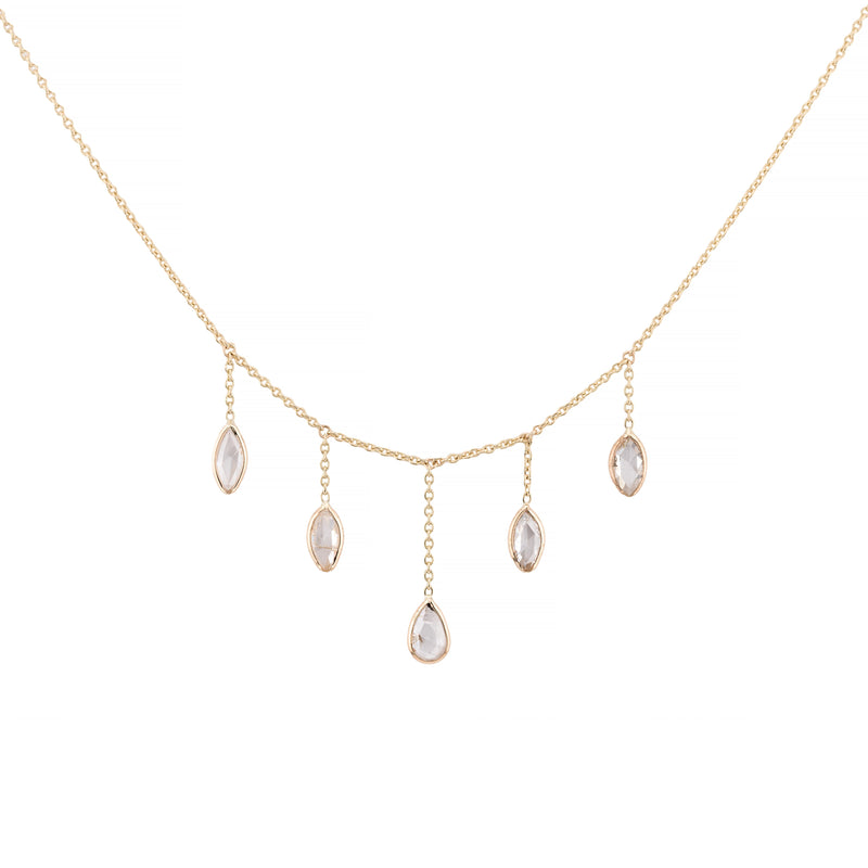 Rose Cut Pear & Marquise Shape Diamond Fringe Necklace in 14K Yellow Gold