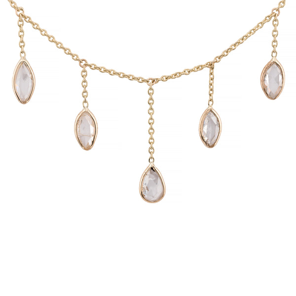 Rose Cut Pear & Marquise Shape Diamond Fringe Necklace in 14K Yellow Gold