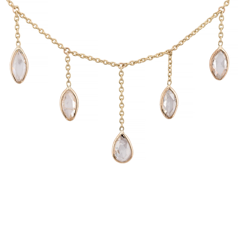 Rose Cut Pear & Marquise Shape Diamond Fringe Necklace in 14K Yellow Gold