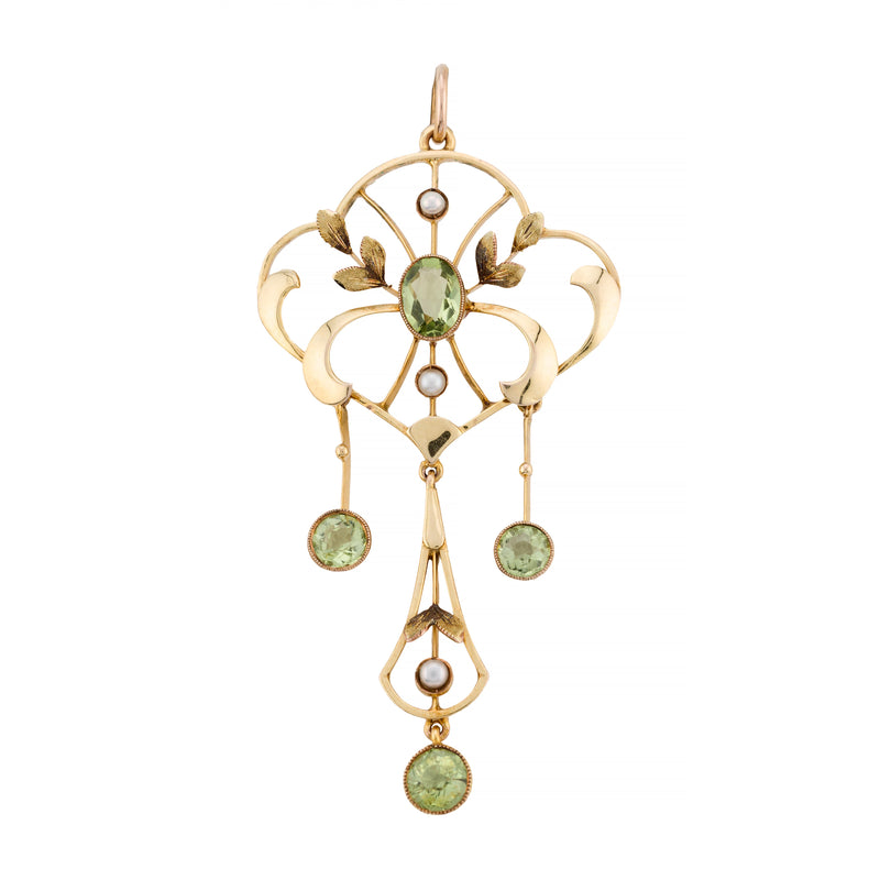 English Art Nouveau Peridot & Pearl Pendant in Yellow Gold