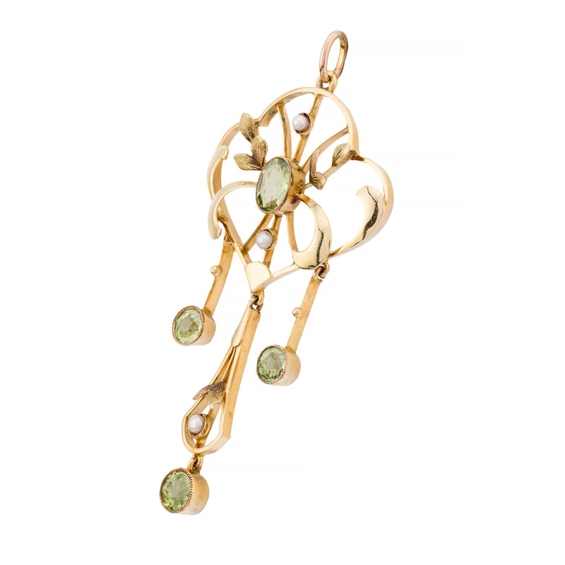 English Art Nouveau Peridot & Pearl Pendant in Yellow Gold