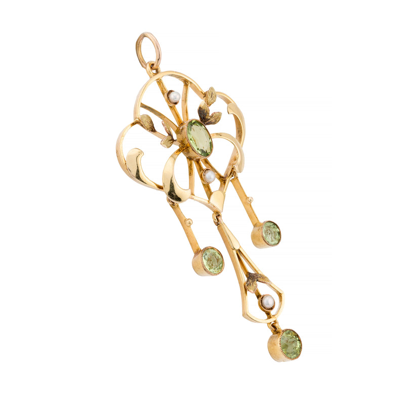 English Art Nouveau Peridot & Pearl Pendant in Yellow Gold