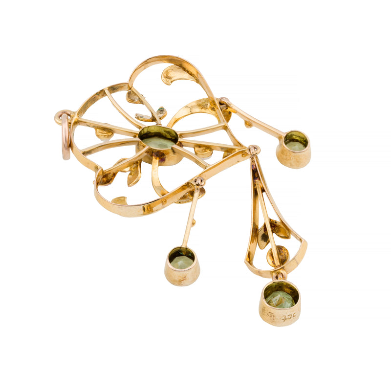 English Art Nouveau Peridot & Pearl Pendant in Yellow Gold