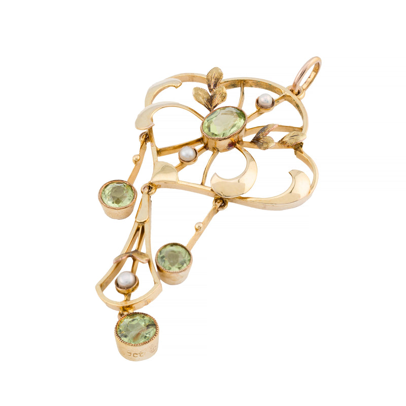 English Art Nouveau Peridot & Pearl Pendant in Yellow Gold