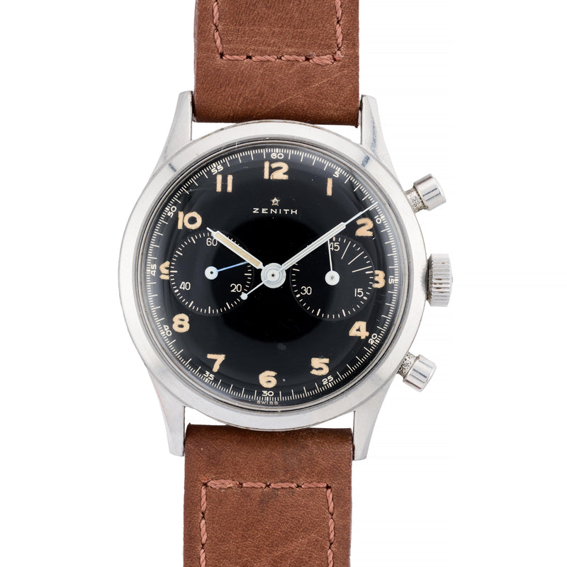 Zenith Yugoslavian Military 143-6 Chronograph Black Gilt Dial, Stainless
