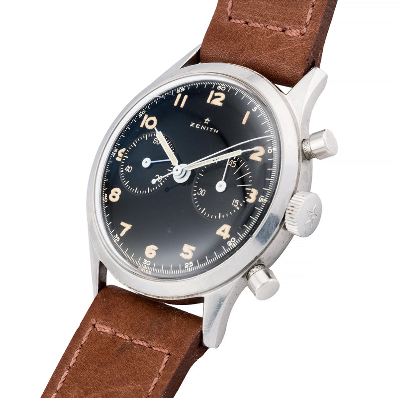 Zenith Yugoslavian Military 143-6 Chronograph Black Gilt Dial, Stainless