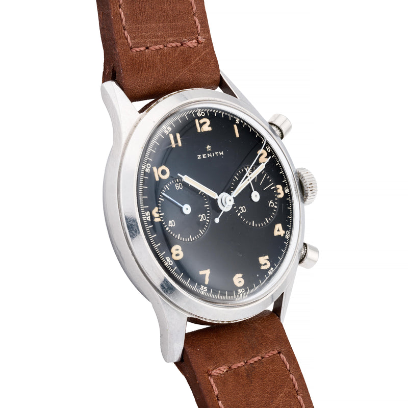 Zenith Yugoslavian Military 143-6 Chronograph Black Gilt Dial, Stainless