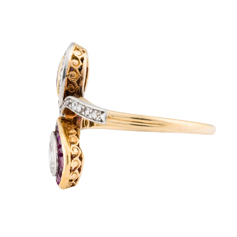 Whimsical Art Nouveau Ruby & Old Mine Cut Pear Diamond Ribbon Motif Ring