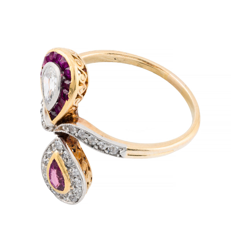 Whimsical Art Nouveau Ruby & Old Mine Cut Pear Diamond Ribbon Motif Ring