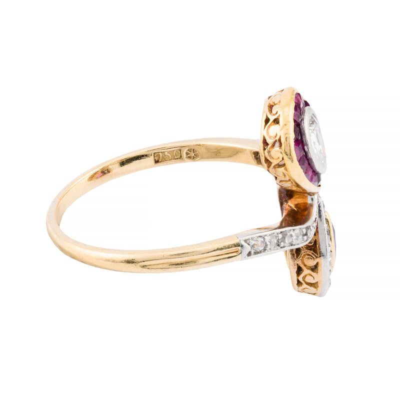 Whimsical Art Nouveau Ruby & Old Mine Cut Pear Diamond Ribbon Motif Ring