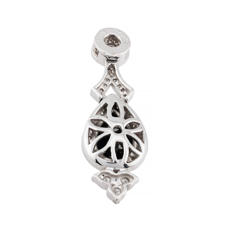 Art Deco Teardrop Shaped Diamond & Onyx Pendant Necklace in 14K White Gold