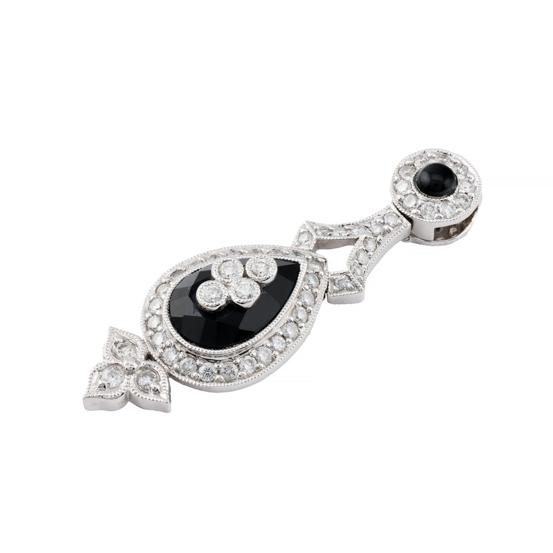 Art Deco Teardrop Shaped Diamond & Onyx Pendant Necklace in 14K White Gold