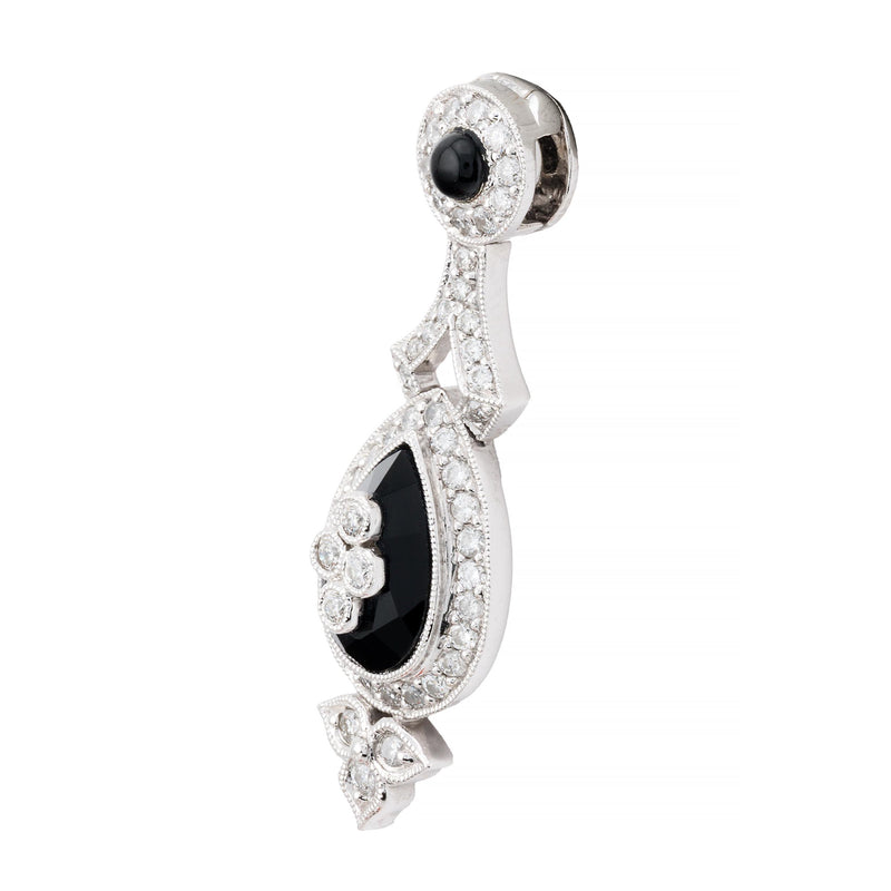 Art Deco Teardrop Shaped Diamond & Onyx Pendant Necklace in 14K White Gold