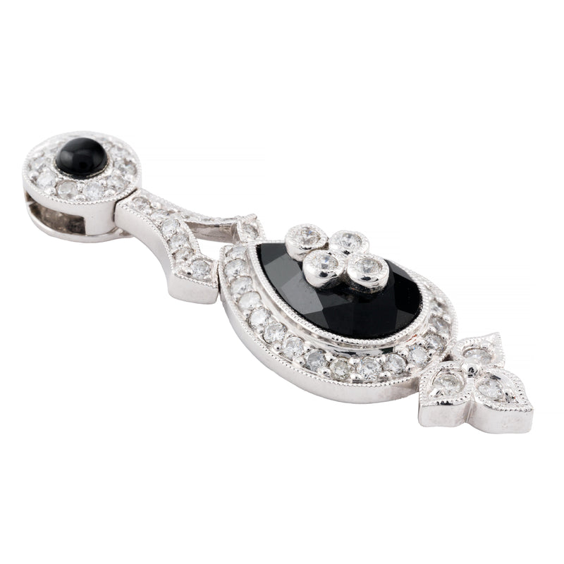 Art Deco Teardrop Shaped Diamond & Onyx Pendant Necklace in 14K White Gold