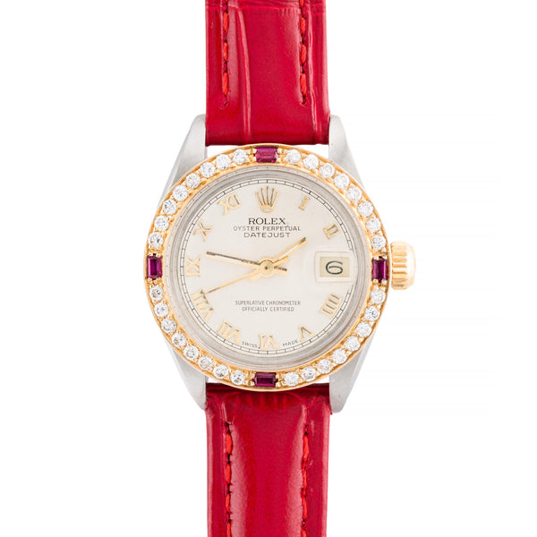 Rolex Ladies Datejust with Diamond & Ruby Bezel on Red Crocodile Strap