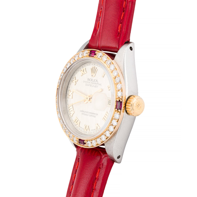 Rolex Ladies Datejust with Diamond & Ruby Bezel on Red Crocodile Strap