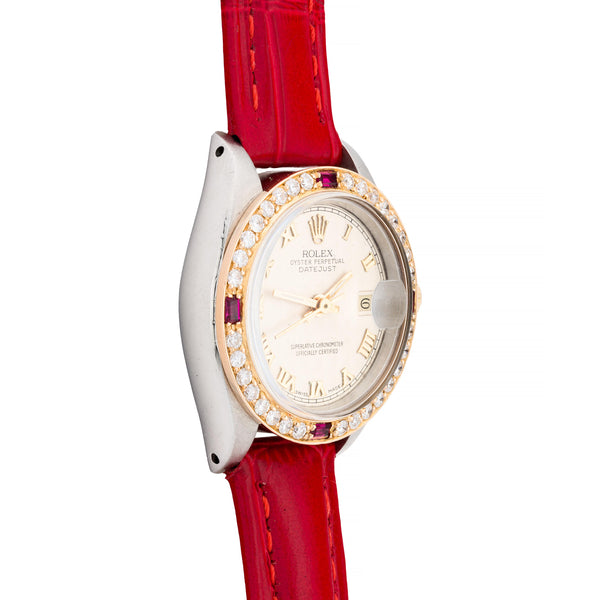 Rolex Ladies Datejust with Diamond & Ruby Bezel on Red Crocodile Strap