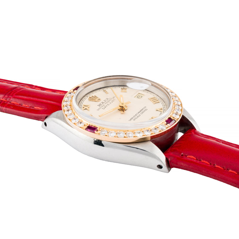 Rolex Ladies Datejust with Diamond & Ruby Bezel on Red Crocodile Strap