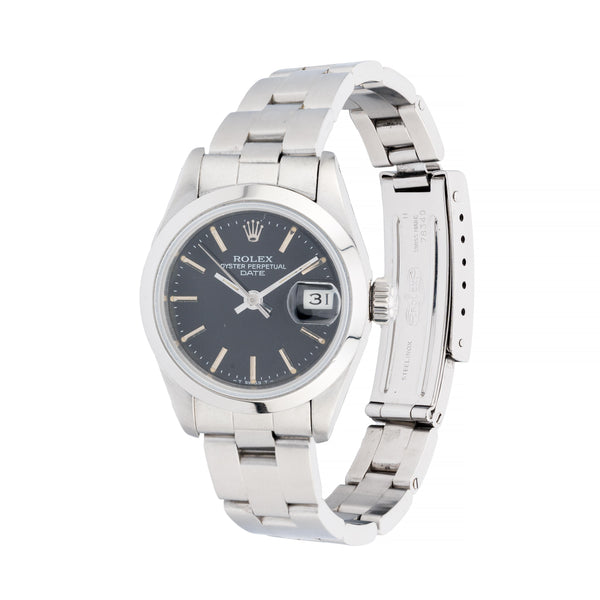 Rolex Oyster Perpetual Date Ladies Black Dial Stainless Watch Full Set