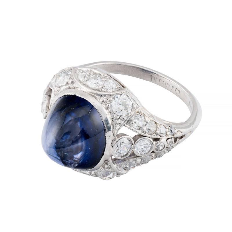 Tiffany & Co Sugarloaf Cabochon No Heat Sapphire & Diamond Ring in Platinum
