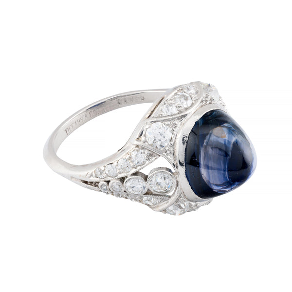 Tiffany & Co Sugarloaf Cabochon No Heat Sapphire & Diamond Ring in Platinum