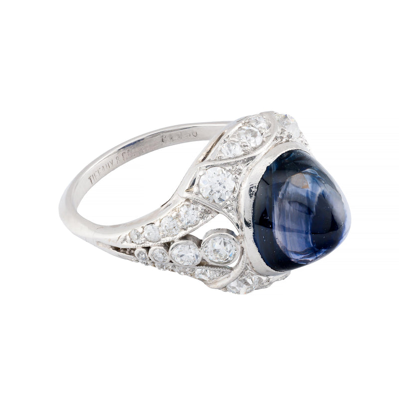 Tiffany & Co Sugarloaf Cabochon No Heat Sapphire & Diamond Ring in Platinum