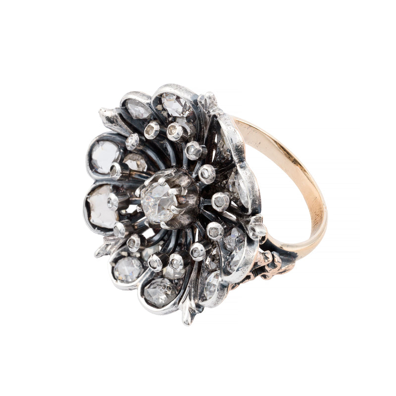 Victorian Floral Motif Mine & Rose Cut Diamond Ring in 14K Yellow Gold